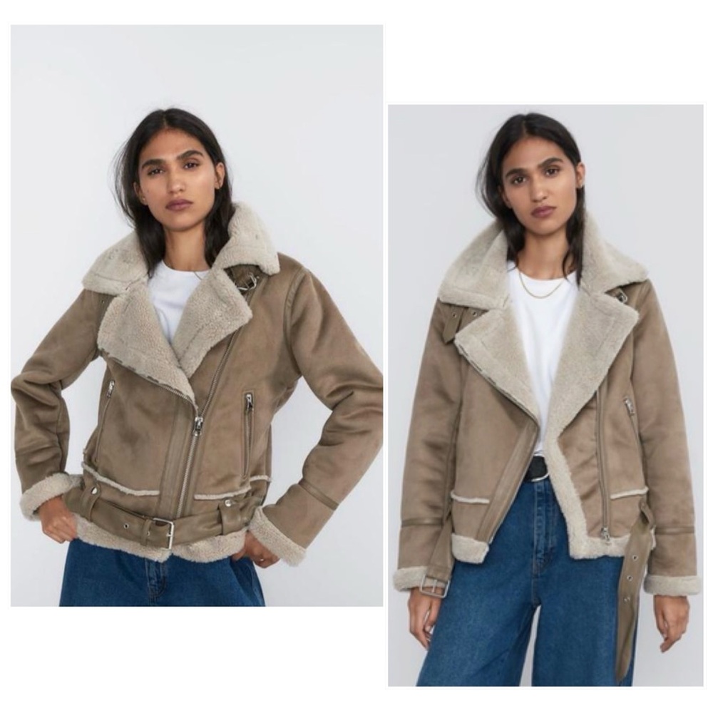 Zara Taupe Suede Shearling-Lined Moto Jacket with Cream Trim